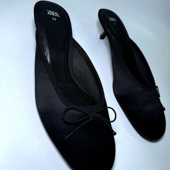 ZARA Embellished Bow Detail Mules NWT – Black Satin Heeled Slides, Sz 7.5 - Picture 11 of 16